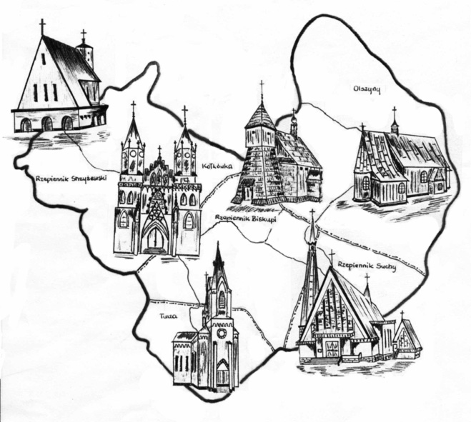 Mapka gminy Rzepiennik Strzyżewski z naniesionymi kościołami